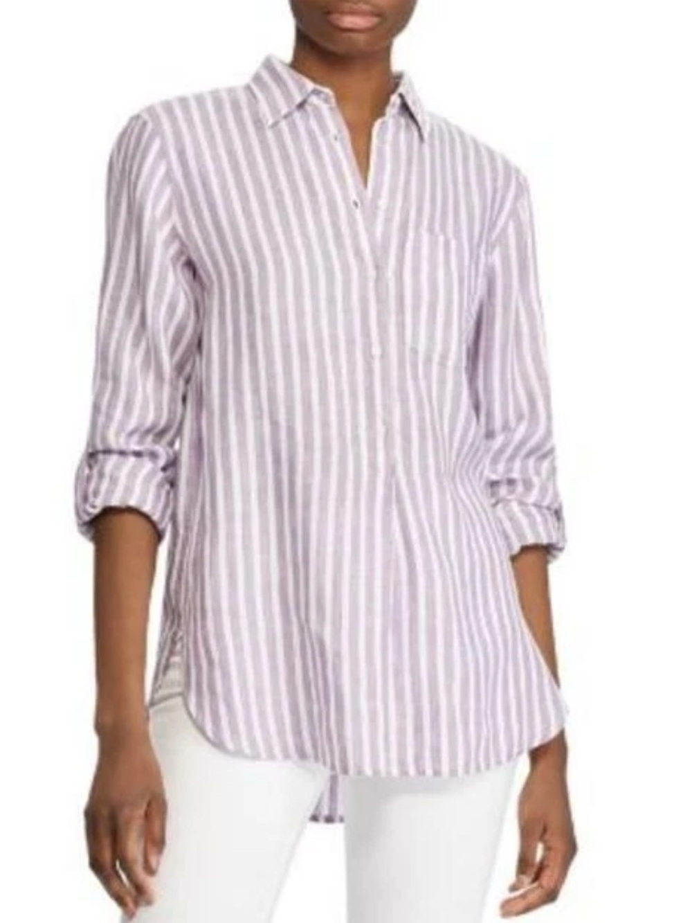 Lauren Ralph Lauren Purple & White Striped Linen Blend Button Front Popover Top